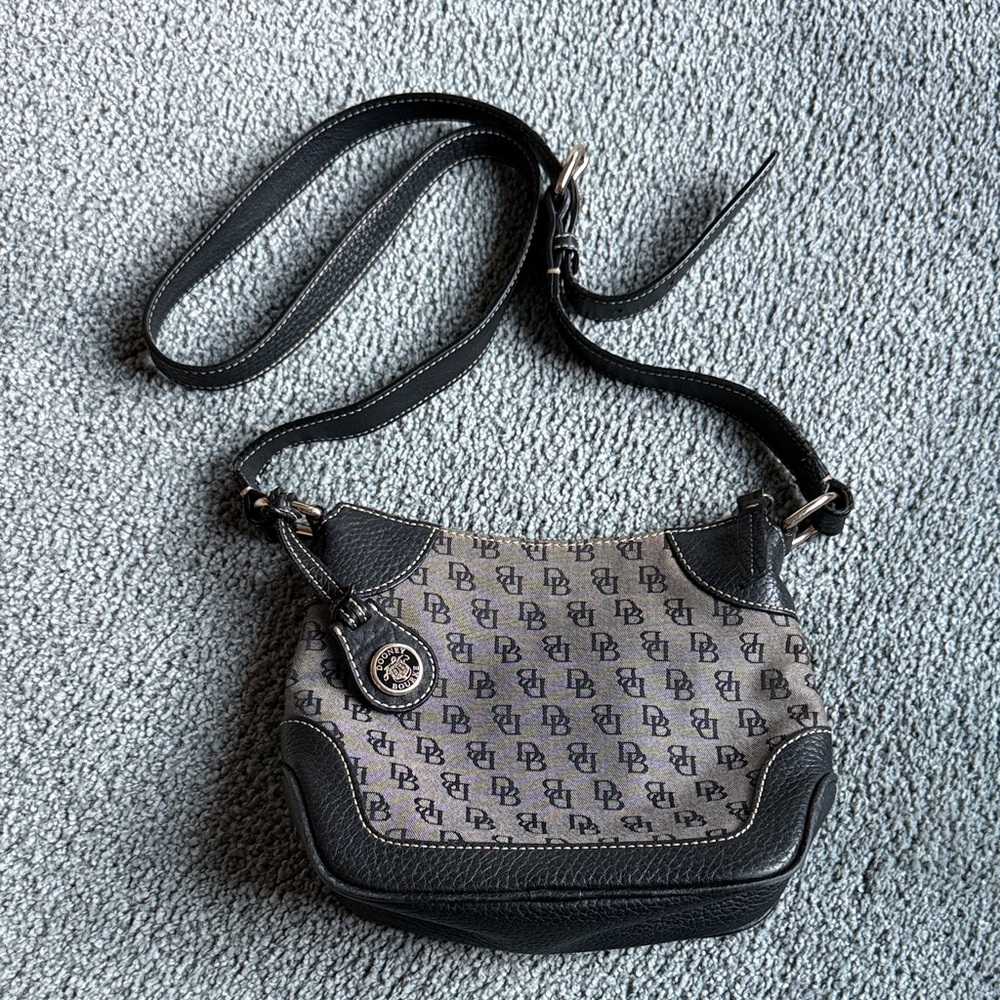 Dooney & Bourke Black Pebbled Leather & Gray Signature Logo Crossbody Bag.